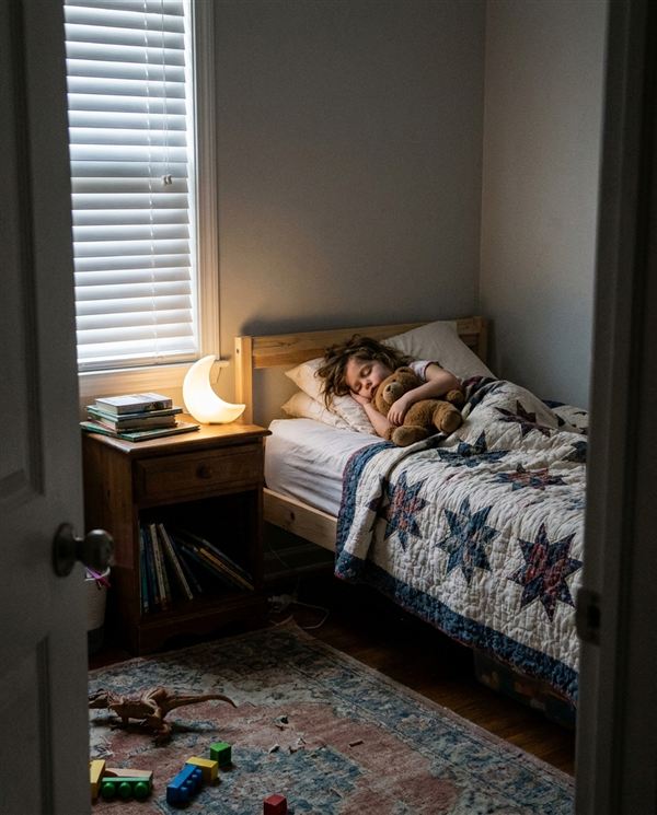 Little girl asleep in her own bed at sunrise