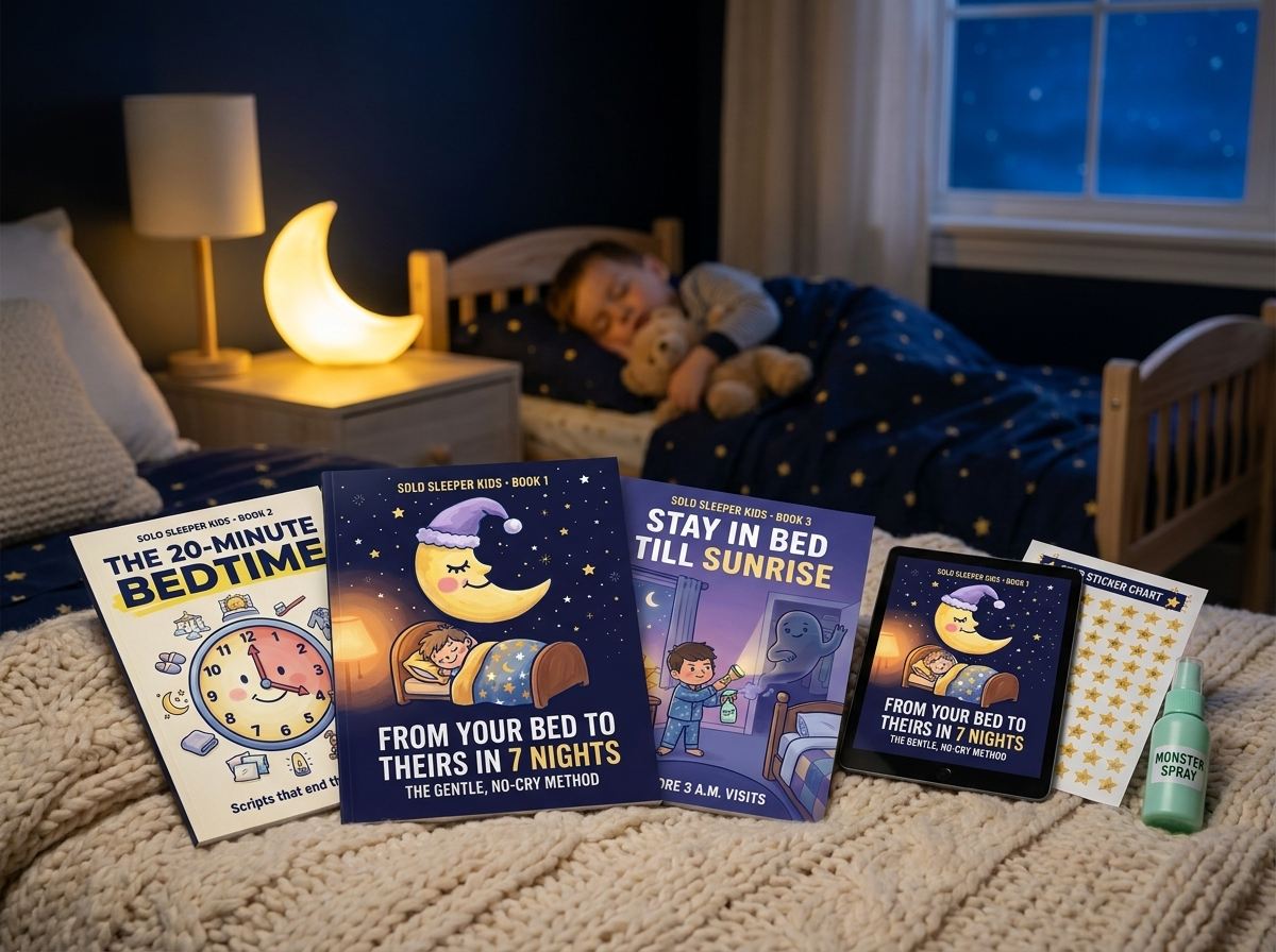Child asleep in their own bed with the three Solo Sleeper Kids books in the foreground